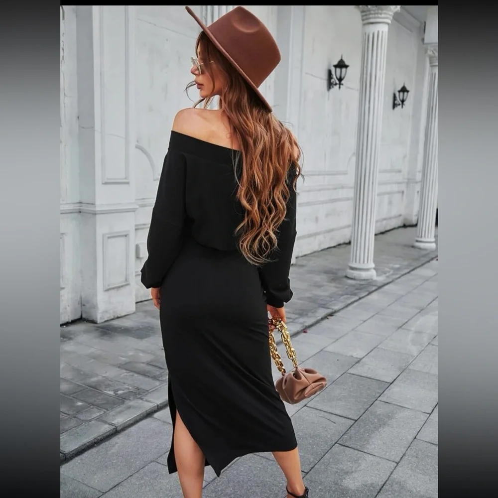 OFF SHOULDER SPLIT HEM DRESS - Picture 2 of 4